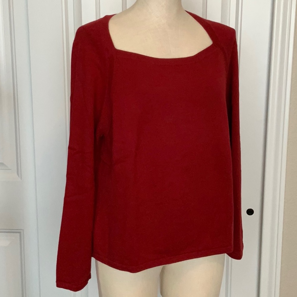 J Jill Square Neck XL Long Sleeve Red Sweater Cotton Wool Fine Ribbed Drop